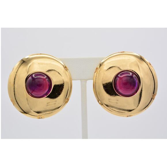 Givenchy Vintage Cabochon Clip Earrings Purple Chunky Large Signed 1980s Bin7 - Picture 1 of 12